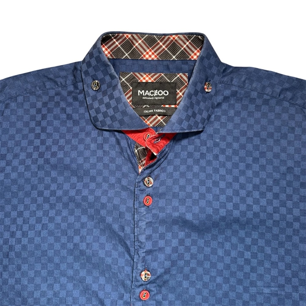 Maceoo Luxury Panam Squared Navy Short Sleeve Button Up Shirt - Men's 4/Large
